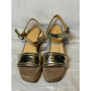 Kupuri Metallic Gold Leather Platform Wedge Sandals Wood Heel Ankle Strap